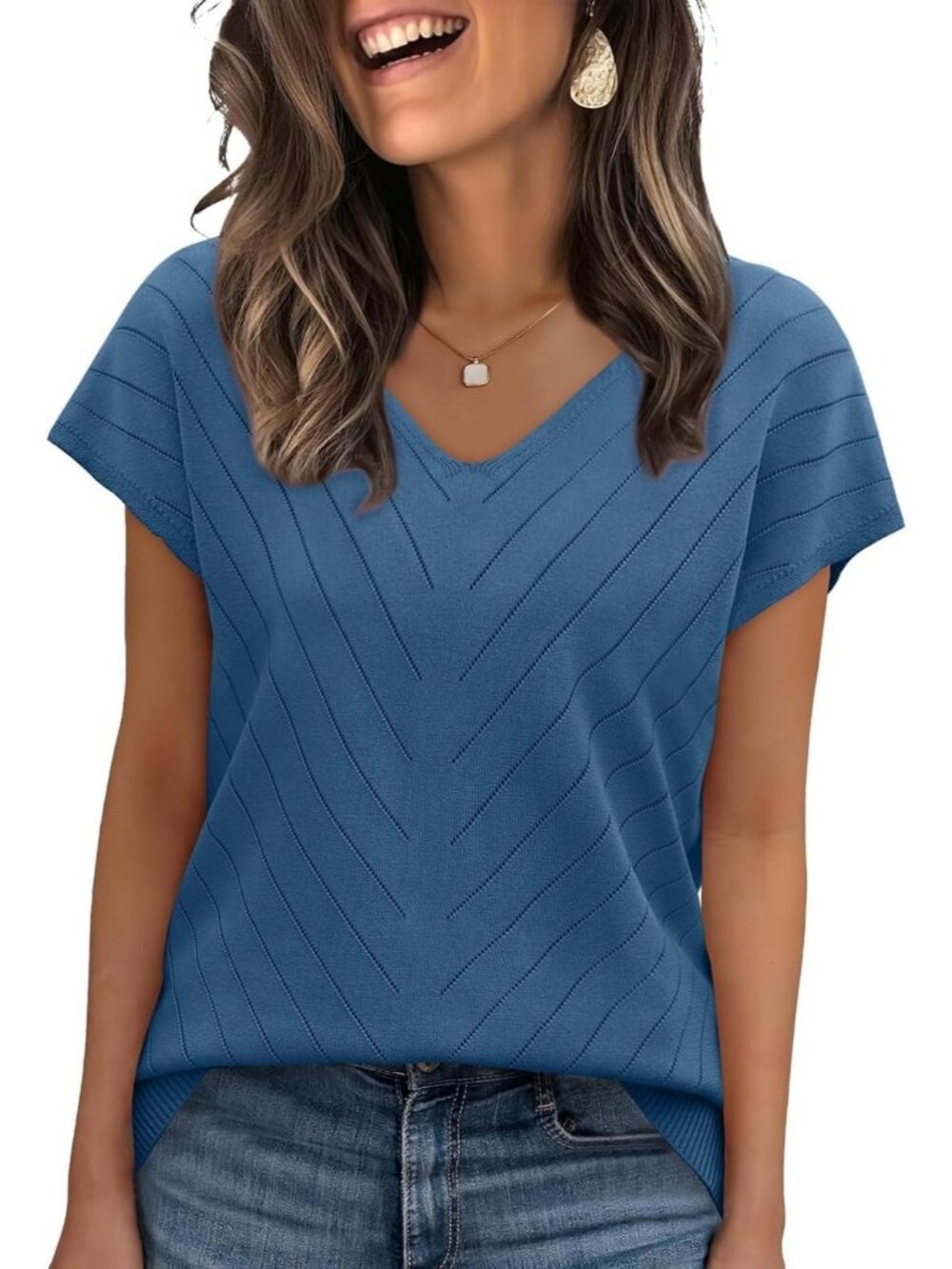 Women's S Blue Trendy Summer Tops Sweater Pullover V-Neck Pull On Short Sleeve